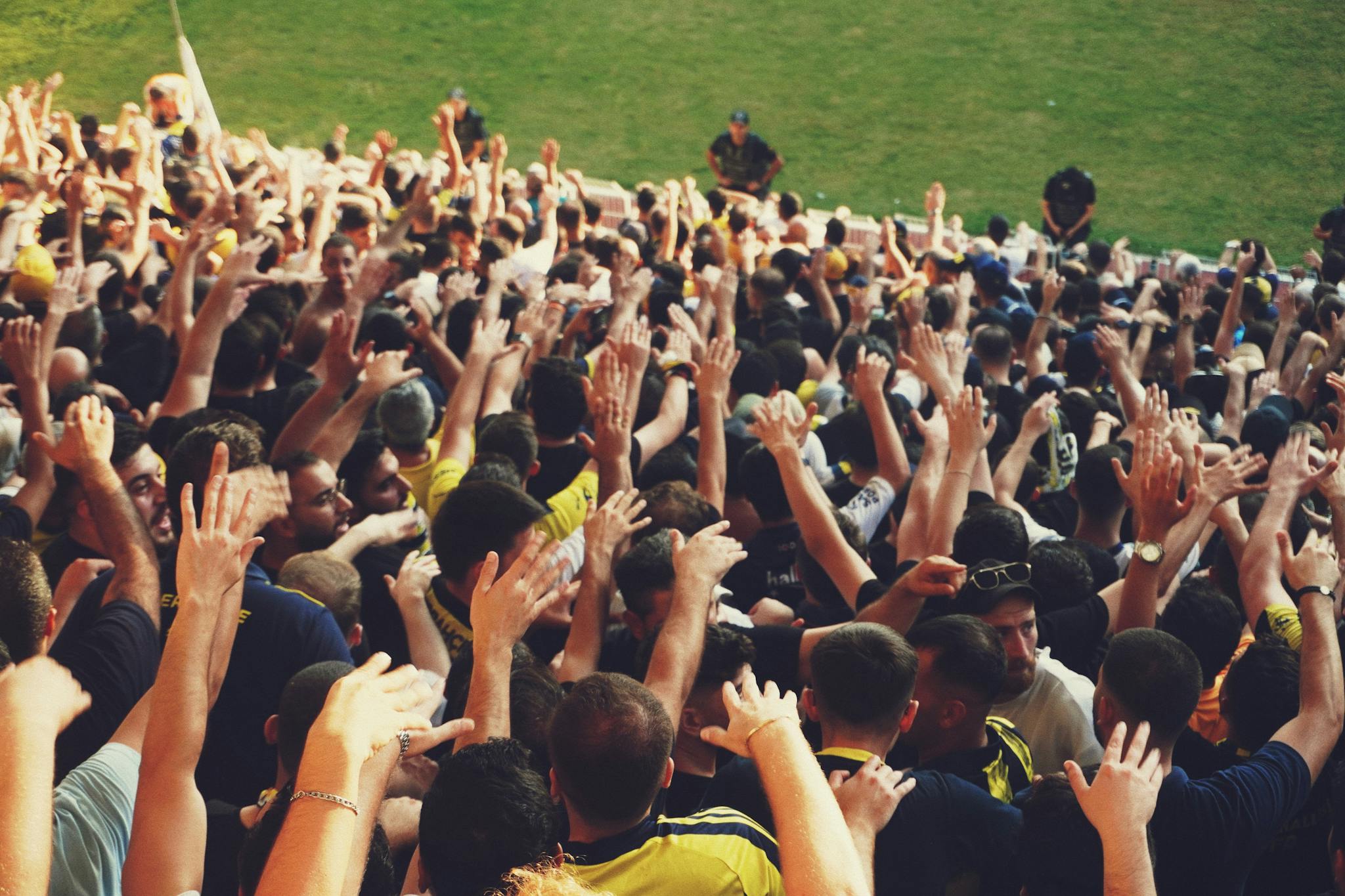 Excited crowd with raised hands at a vibrant outdoor sports event.